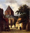 Figures In The Streets Of A Dutch Town, A Church In The Background by Johannes Bosboom